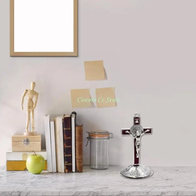 X90F Metal Standing Crucifix Figurine with Base Metal Crosses Statue Religious Gift Desktop Ornament Christian Decoration