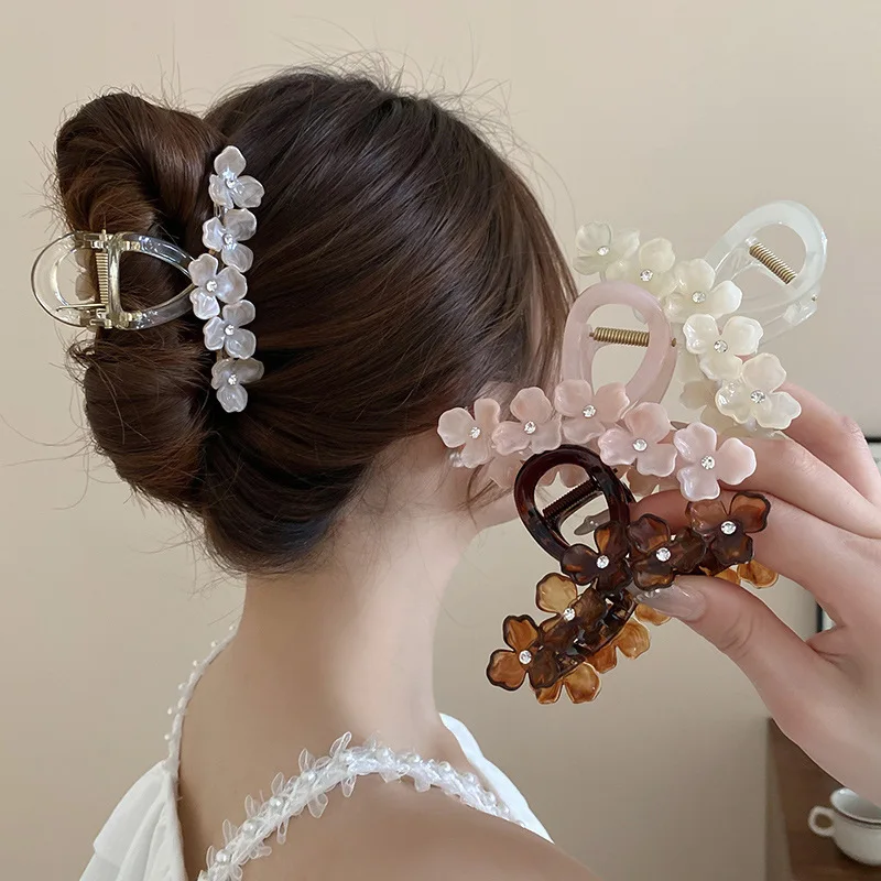 Korean Flower Women Hair Clips Sweet Temperament Crab Hair Clip for Girls New Fashion Hair Accessories Shiny Zircon Headdress