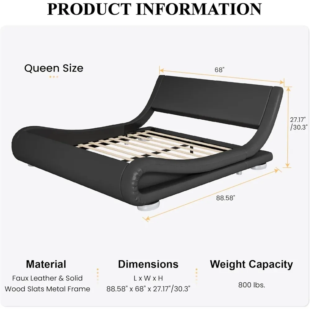 هيكل سرير، سرير مزلق منخفض المستوى مع لوح رأسي مريح من الجلد الصناعي، لا حاجة إلى صندوق زنبركي سهل التجميع،