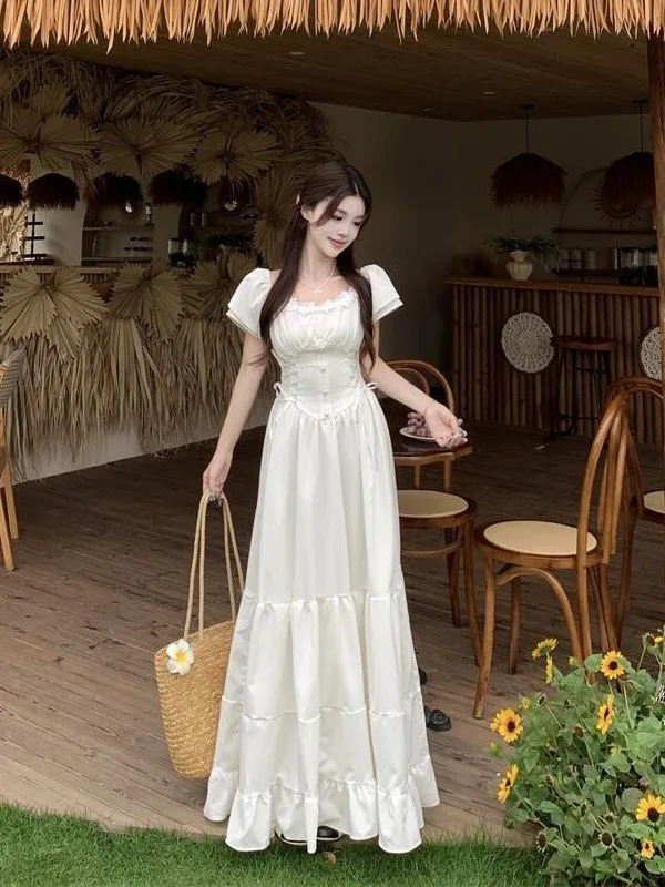 

plus Size Women's Sweet Style Color Square Collar 3D Flower Short Sleeve Dress Summer New Waist Cinching Belt Long Dress