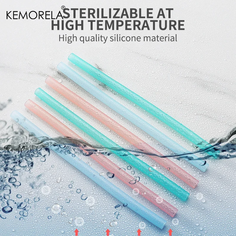 KEMORELA 6 PCS  Reusable Straws Transparent Silicone Food Grade ,Bendable Straight Drinking Straw With Cleaning Brush Set Home