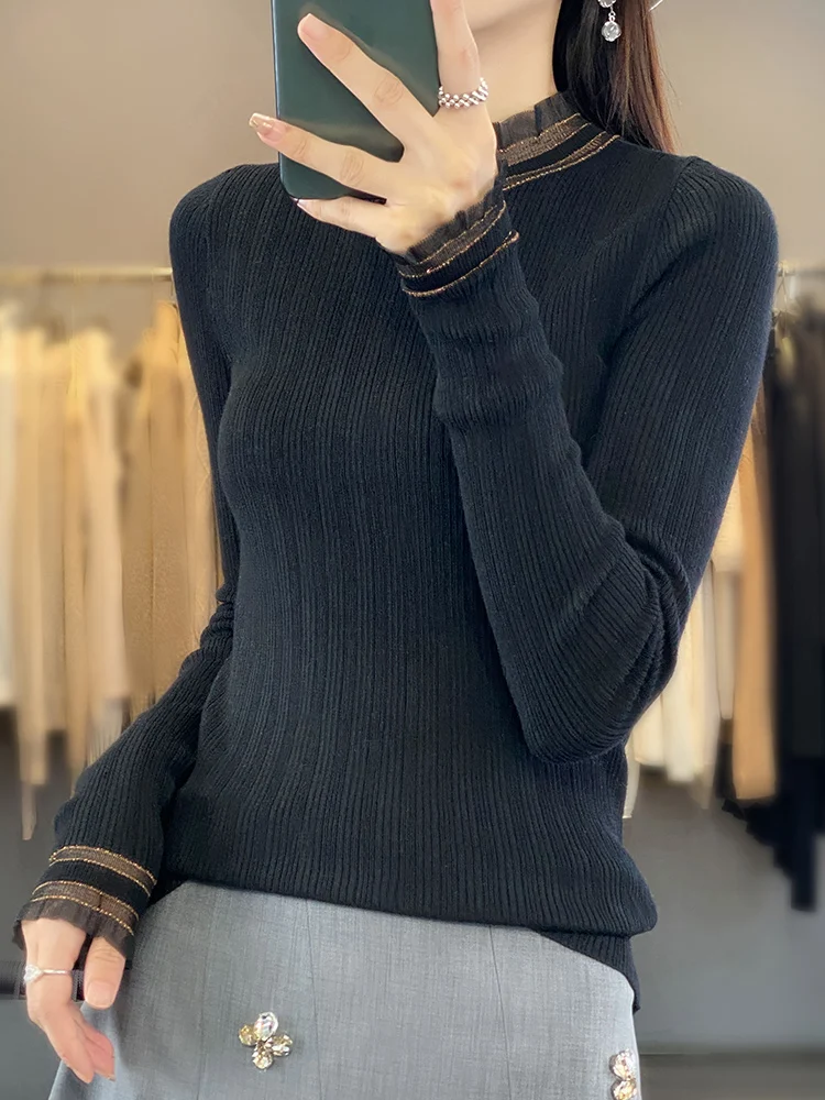 

Spring And Summer Lace Color Matching Round Neck With Sweater Women Slim Temperament Simple Base Shirt Long Sleeve Top Woman