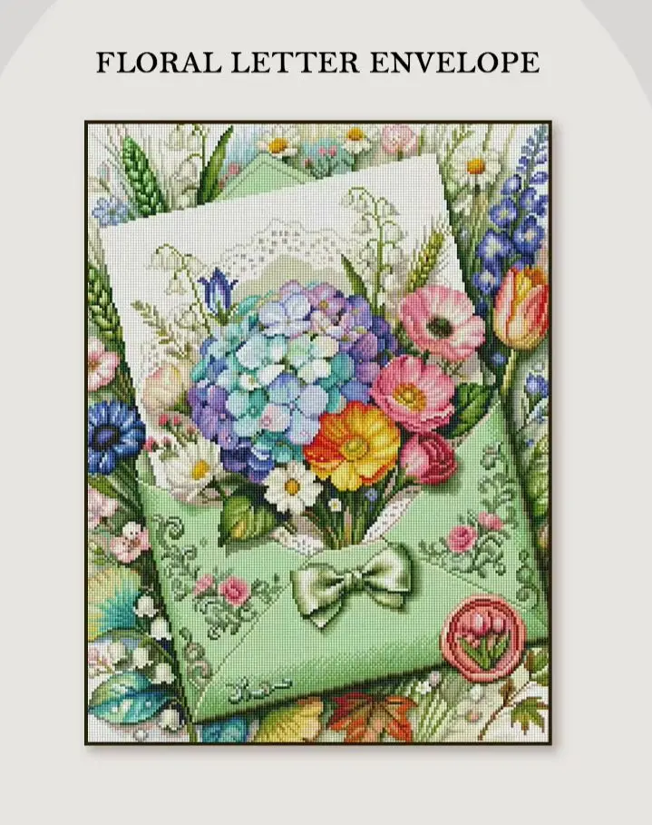 Vintage Floral Envelope Diamond Painting Kit, Square Resin Drills + AB & Fairy Dust Diamonds, Silk Flocking Canvas 45×60cm.