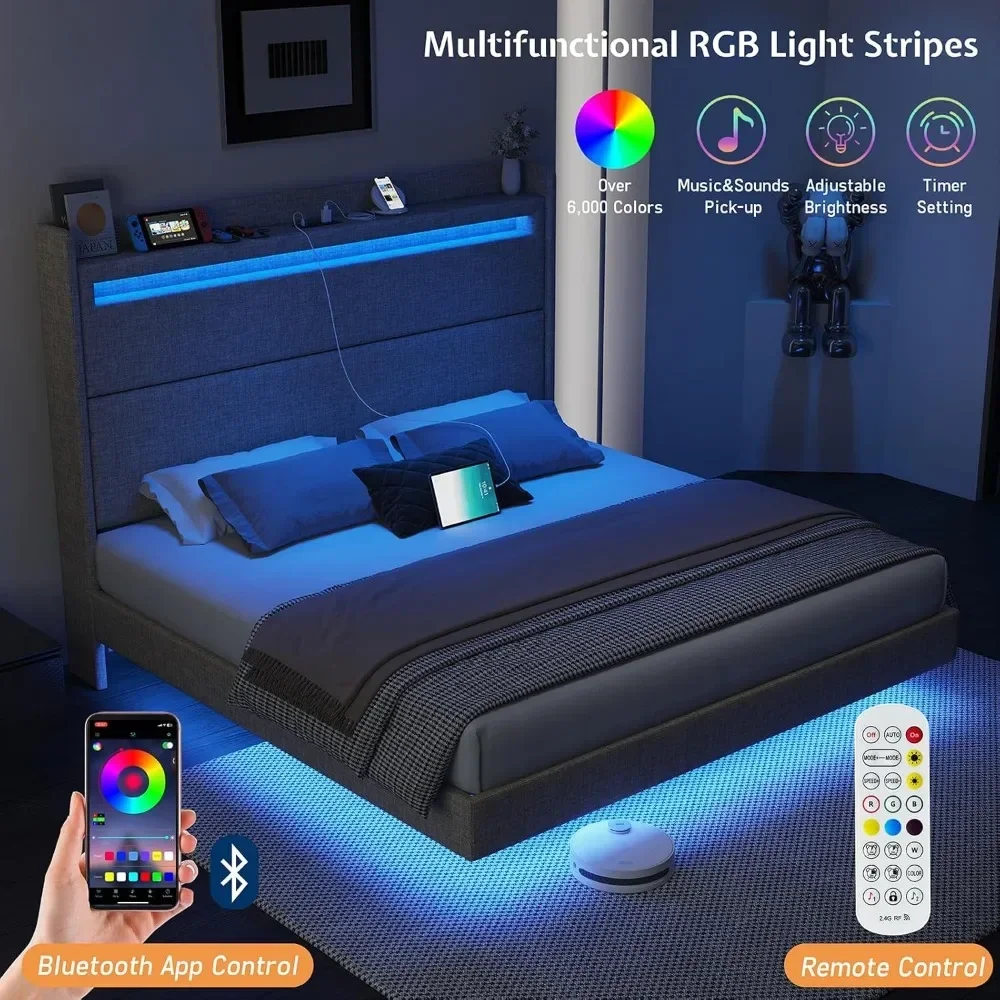 Bett rahmen mit LED-Leuchten, gepolstertes Plattform bett mit Ladestation und Stauraum-Wingback-Kopfteil, keine Box feder erforderlich