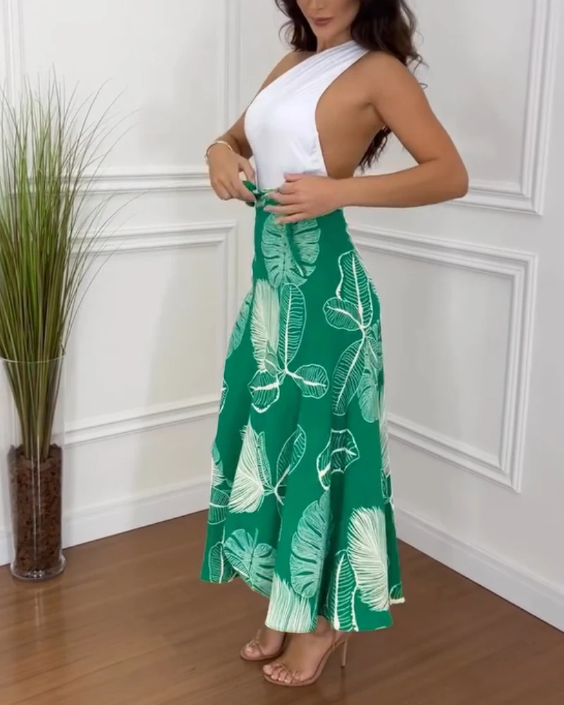 Tropical plant printed lace up skirt, casual high waisted vacation skirt, new women's clothing for summer 2025