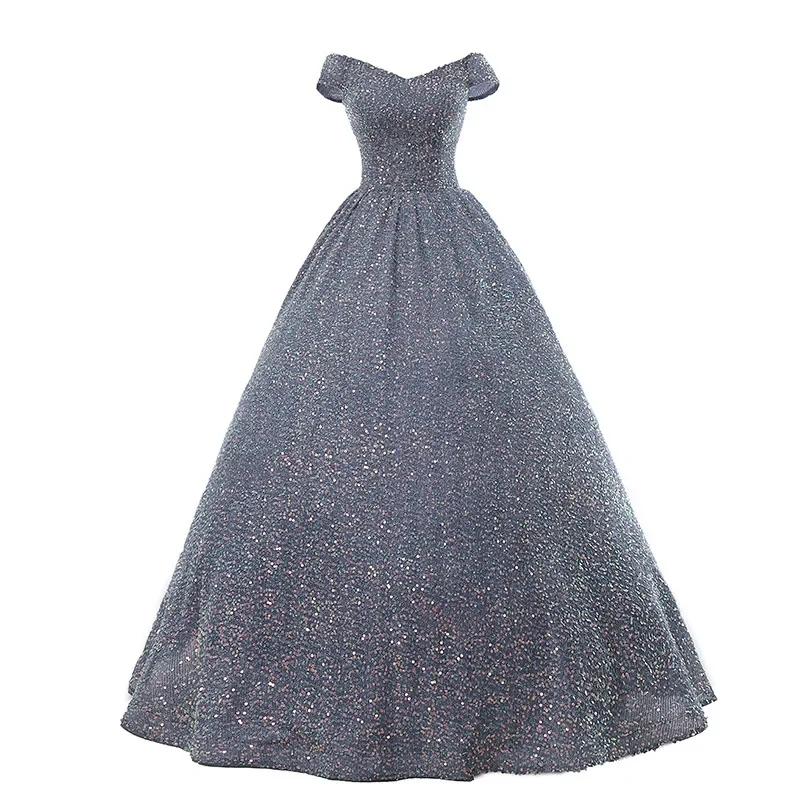 ワンショルダー学生声楽演奏ドレス、ソロ演奏ドレス、パフスカート、ロング星空ドレスウェディングドレス