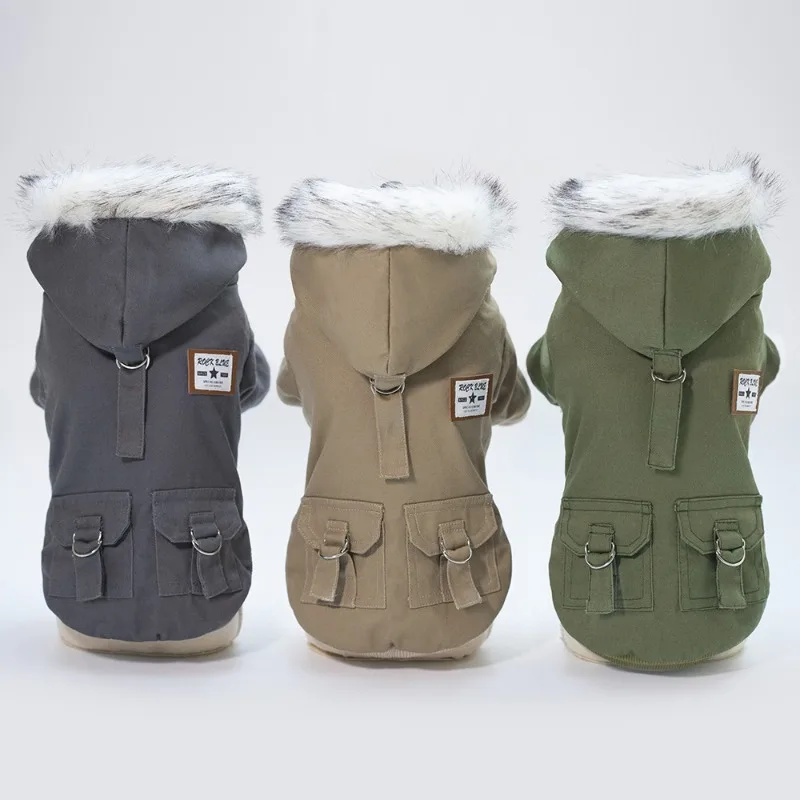 Warm Dog Hooded Jacket Multi Pockets Dog Clothing D-Ring Leash Hook Puppy Coat Outdoor Walking Winter Cotton Lined Pet Outfit