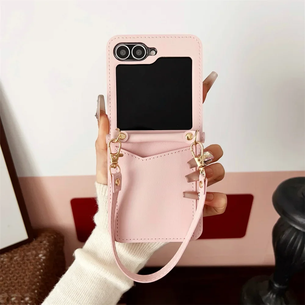 Leder-Handyhülle mit Handschlaufe für Samsung Galaxy Z Flip 6 5 4 Flip6 Flip5 Flip4 Flip3 Wallet Slot Kartenhalter Schutzhülle