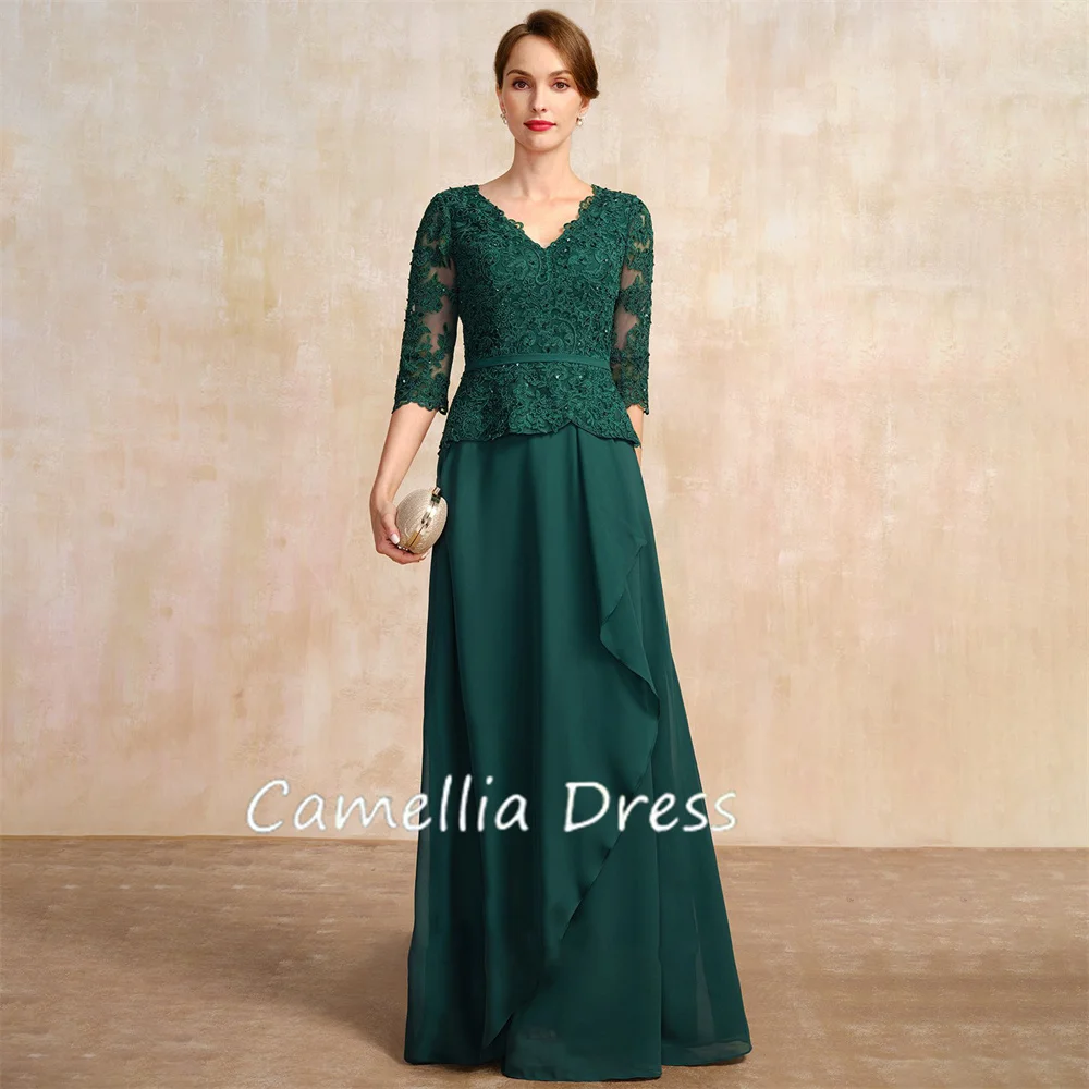 New V Neck Mother Of The Bride Dress A Line Floor-Length Chiffon Lace  Sequins Formal Dresses Vestidos Mae Da Noiva Casamentos