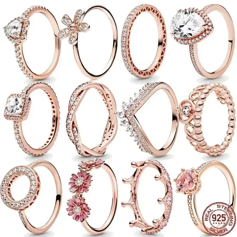 

Hot selling 925 Sterling Silver Classic Rose Gold Series Ring Shining Crown Charm Ring Women's Birthday Exquisite Gift