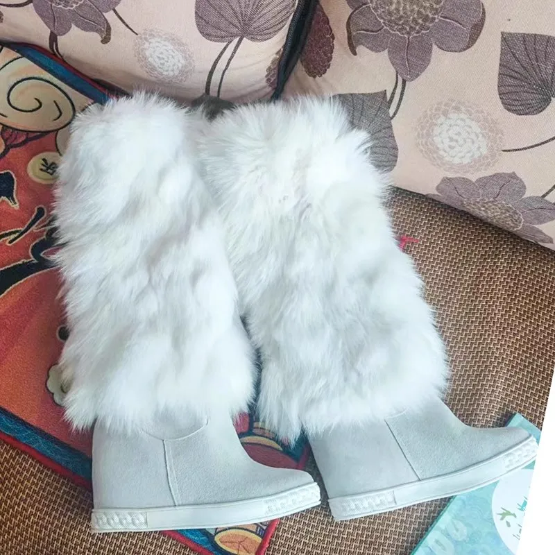 

Black white Real Fox fur Inner wedge Snow Boots Round Toe Hidden Height increasing Suede Winter Knee Fur Boots Woman