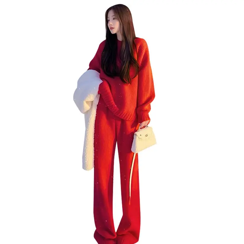 Conjunto de dos piezas de ropa elegante para mujer, suéter de punto de estilo perezoso con temperamento a la moda de otoño e invierno + pantalones de pierna ancha de cintura alta