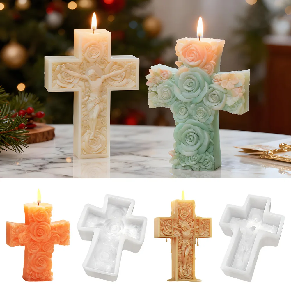 الصليب زهرة الورد قوالب السيليكون Diy بها بنفسك النمط الأوروبي صورة شمعة معطرة الديكور الجص الراتنج قالب شمعة صنع الإمدادات