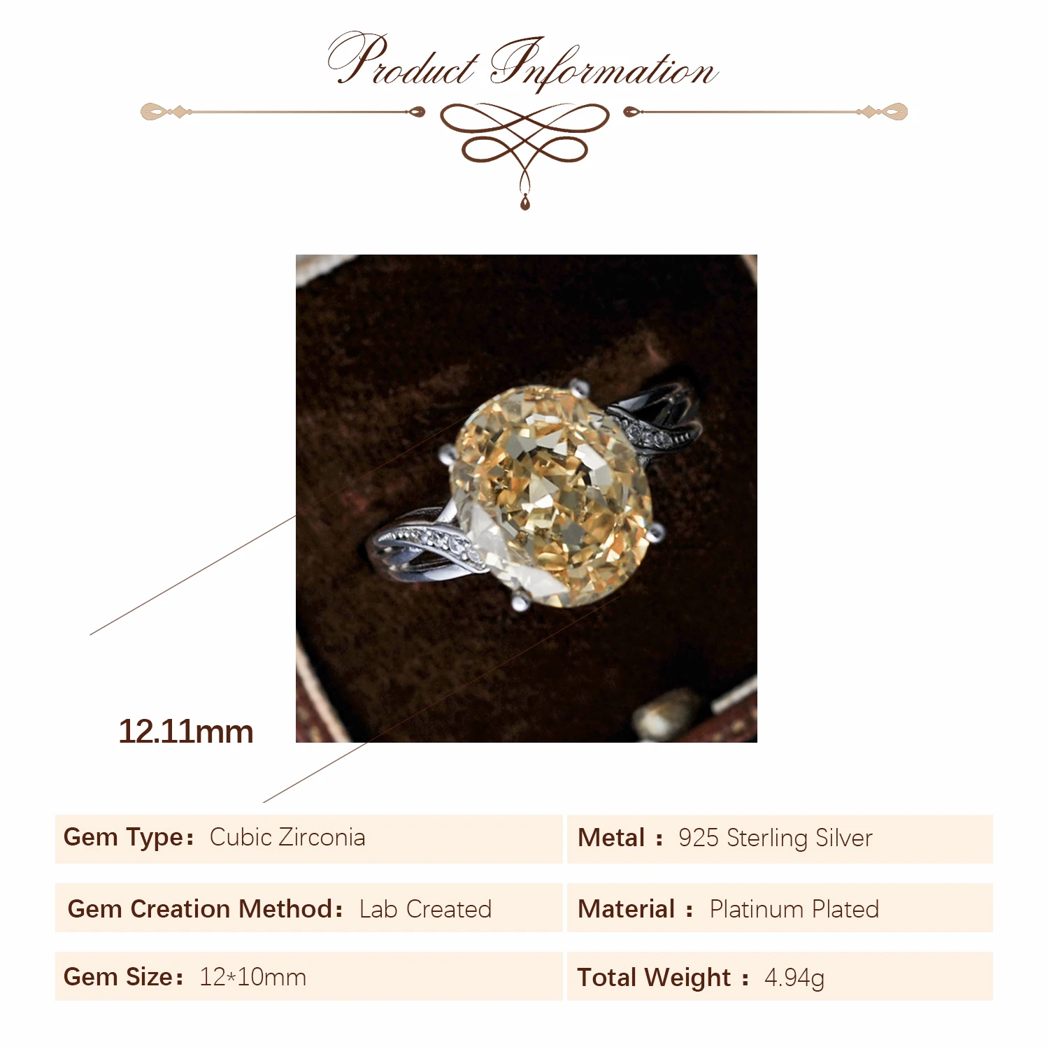POTIY 6.3ct 5A Infinity Oval Cut Yellow Diamond Color CZ Solitaire Adjustable Cocktail Ring 925 Sterling Silver Gift for Her