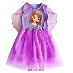 Hot Sofia Dress Kids TShirt Mesh Dresses Toddler Girls Princess Vestidos Children Wedding Party Clothes Purple Pink