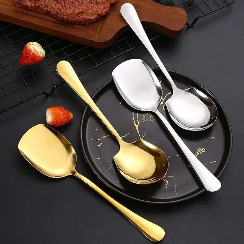 Golden/Silver Stainless Steel Spoon Food Service Shovel Long Handle Large Rice Shovel Soup Spoons Home Tableware Kitchen Gadgets