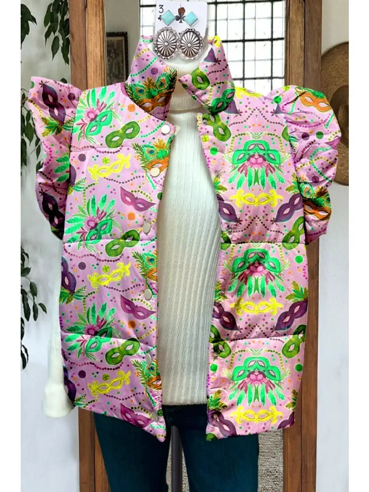 

Elegant Corduroy Elegant Mardi Gras Printed Quilted Vest Sleeveless Jacket For Outdoor Winter