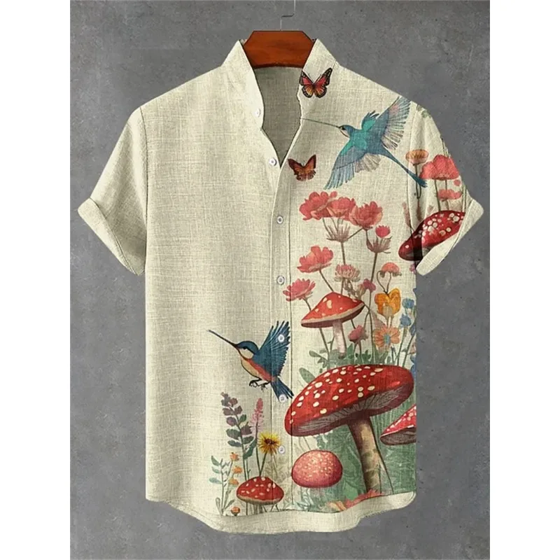 

Street Casual Outdoor Vacation Fashionable Clothing Men's Summer Linen Shirt Short Sleeve Stand Up Collar Printed