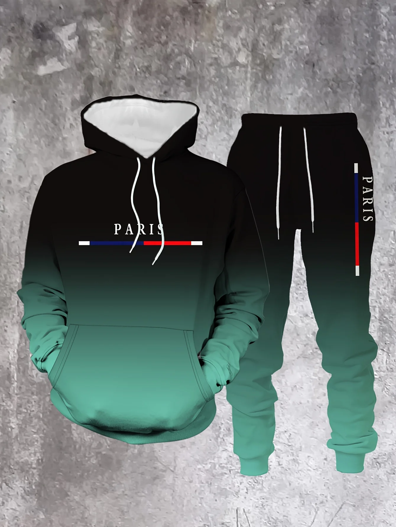 Farbverlauf Paris Trainingsanzug Outfit Herren Street Fashion 3D-Druck Sport Hoodie 2-teiliges Herbst/Winter Sweatshirt Jogginghose Set