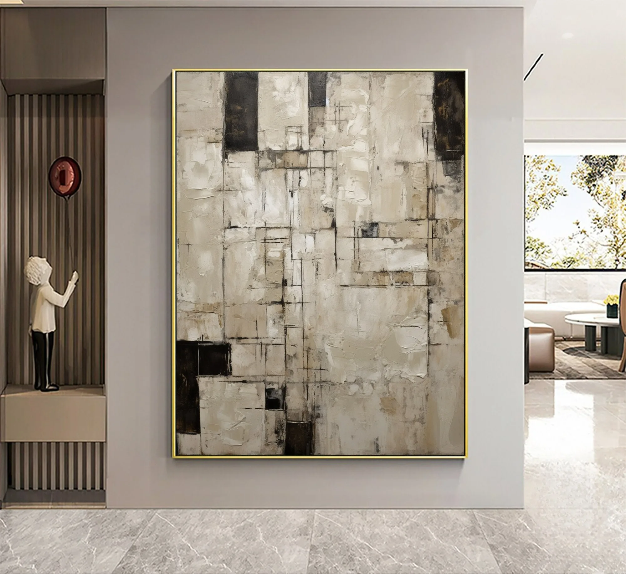 100% Hand Painted Oil Painting Neutral Beige Minimalist Black Line Abstract Painting for Modern Living Room Home Wall Decoration