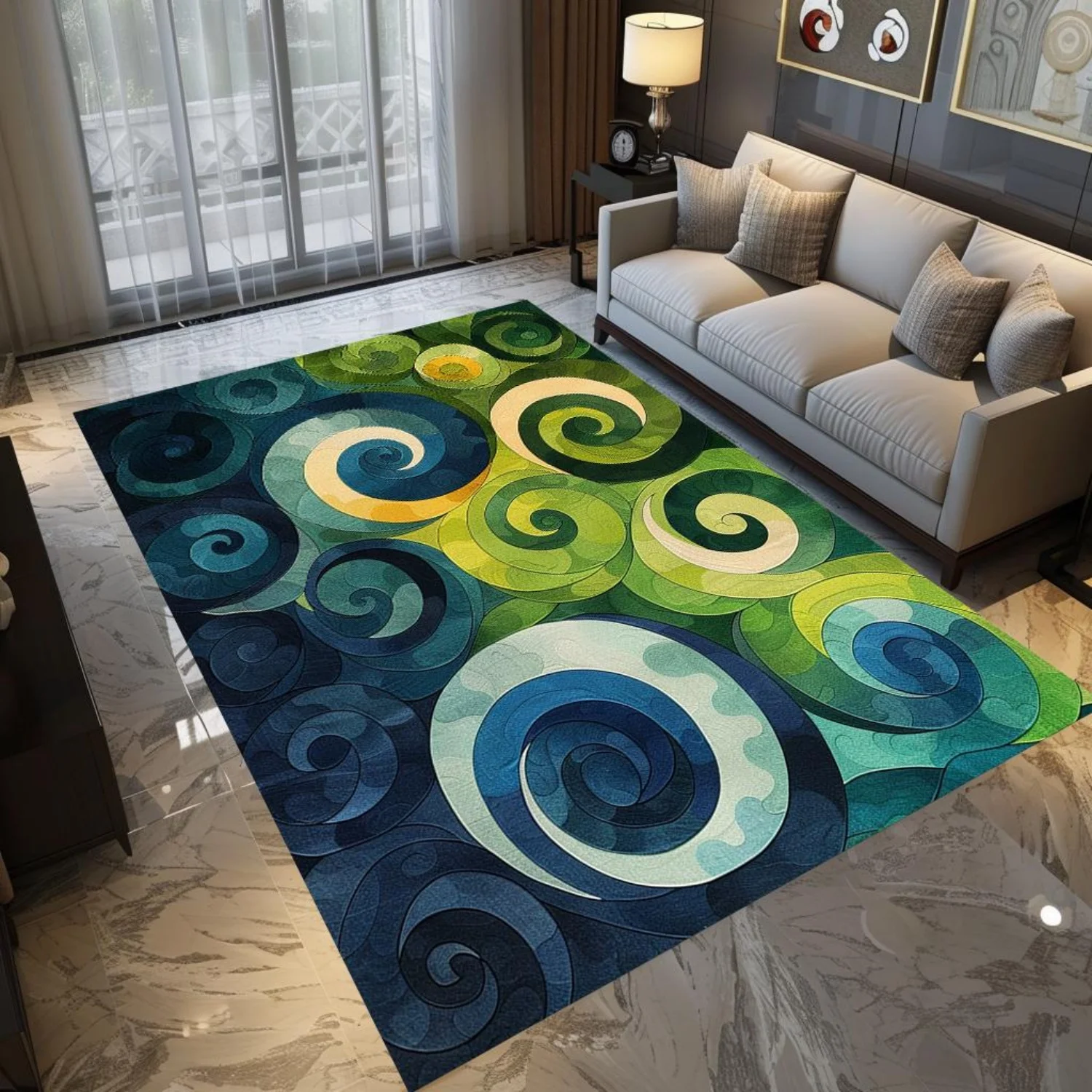 Room Decor Rug, Green Blue Spiral Swirl Pattern Print Area Carpet, Modern Art Abstract Floor Mat, Non Slip Rug for Bedroom, Rugs for Livingroom, Indoor Home Decor, Large Rectangle Decorative Carpet Fo