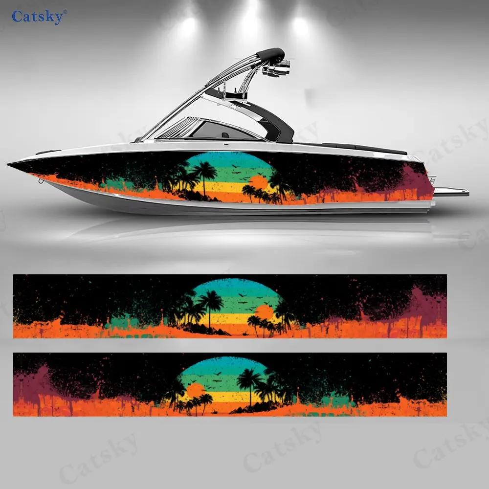

2Pcs Palm Tree Sunset Tide Boat Stickers, PVC Waterproof Durable Vinyl Wrap Decals for Fishing Boats, Durable and Stylish Design