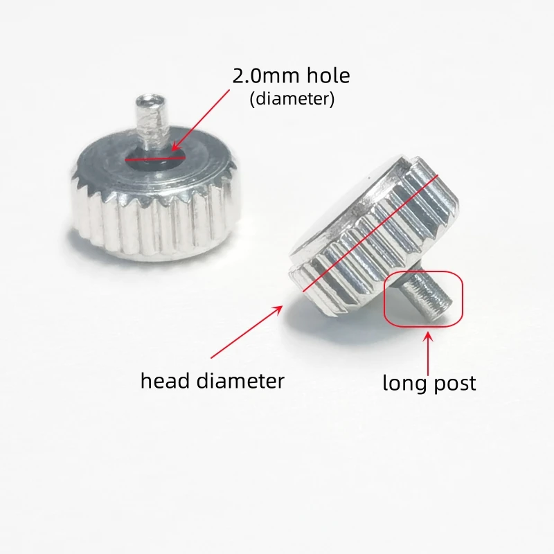 1PC Silver Long Tube Watch Crown 2.0mm Hole Diameter 3.5/4.0/4.5/5.0/5.5/6.0/6.5/7.0mm Head Diameter for Watch Repair