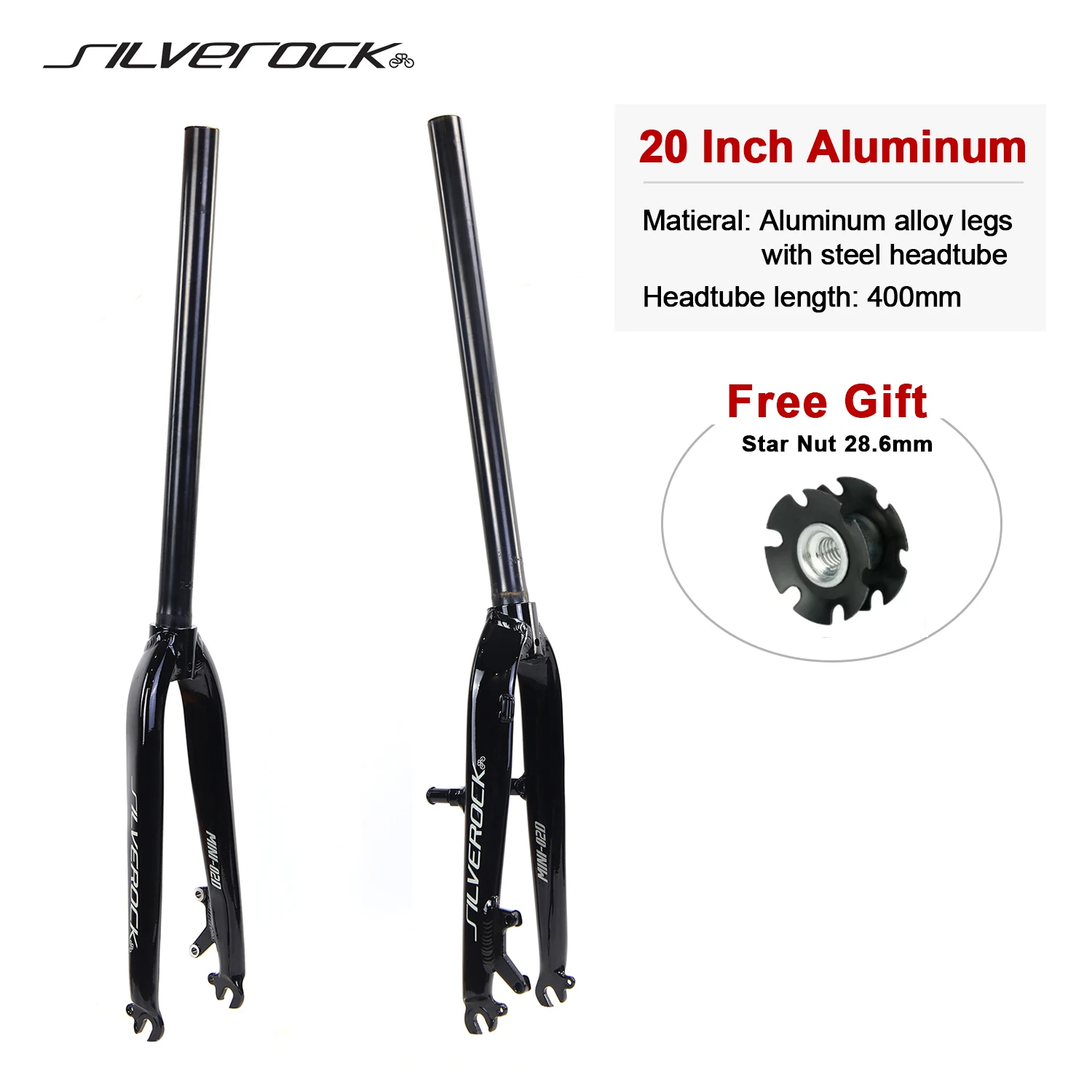 SILVEROCK MINI-02D Legierungs-Fahrradgabel, Starrgabel, 20 Zoll, 406, 451, für Mini Velo Faltrahmen, Scheibenbremse, V-Bremse, Fahrradgabel, 1 1/8 Zoll, 28,6 mm