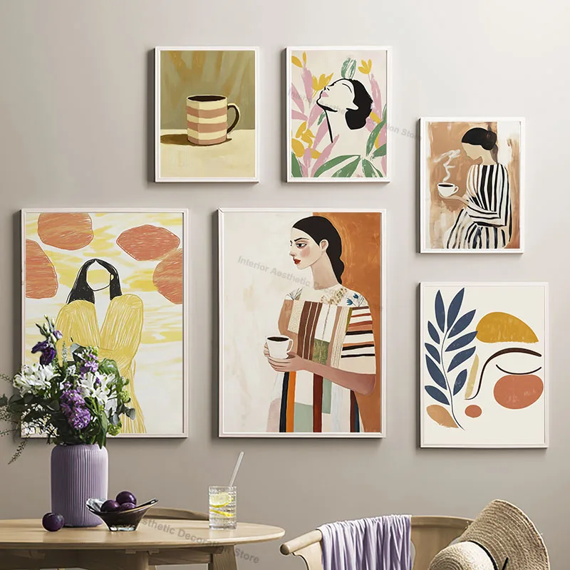 Striped Clothes Women Coffee Wall Art Canvas Painting Abstract illustration Posters Prints Picture For Living Room Bedroom Decor