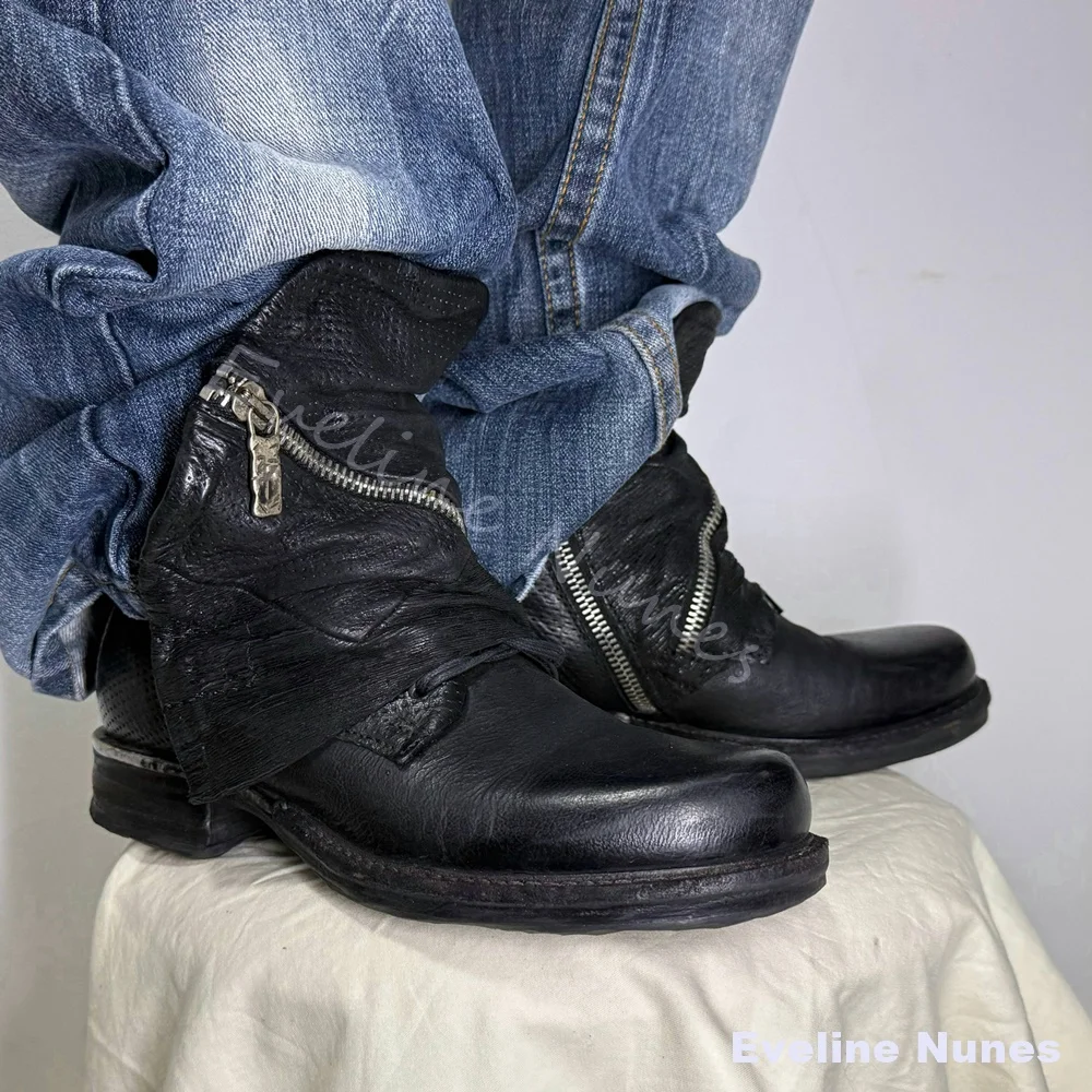 Distressed Black Leather Biker Boots Men Big Side Zipper Lace Up Flip-top Western Cowboy Boots Dark Vintage Motorcycle Boots