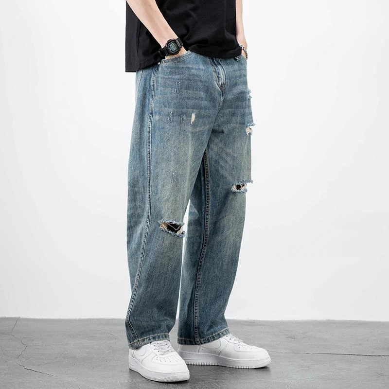 Men's Jeans Broken Straight Trousers Ripped with Holes Loose Torn Wide Leg Male Cowboy Pants Baggy 2024 Korean Autumn New in Xs