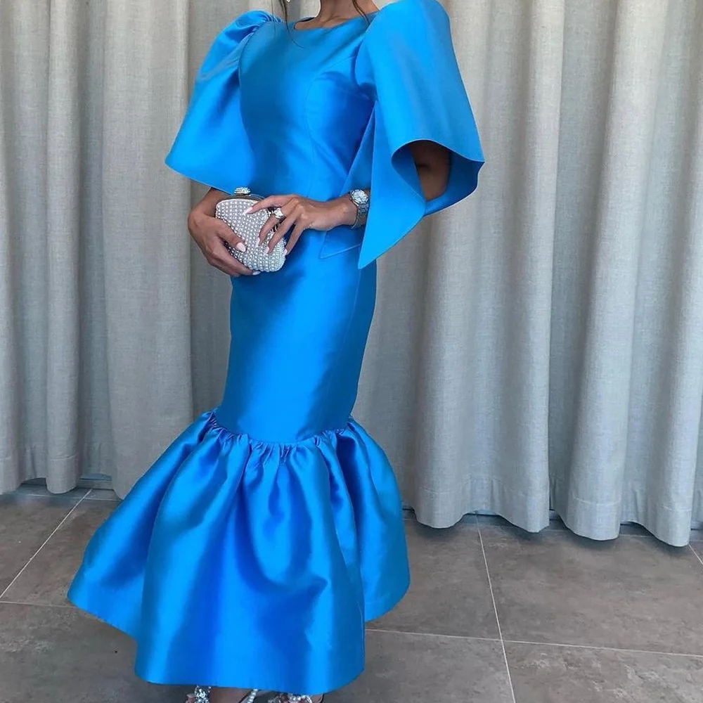 Classic and Formal Solid Blue Color Satin Evening Dresses Pleats 3/4 Sleeves Crew neck Butterfly sleeves Ankle Length Straight