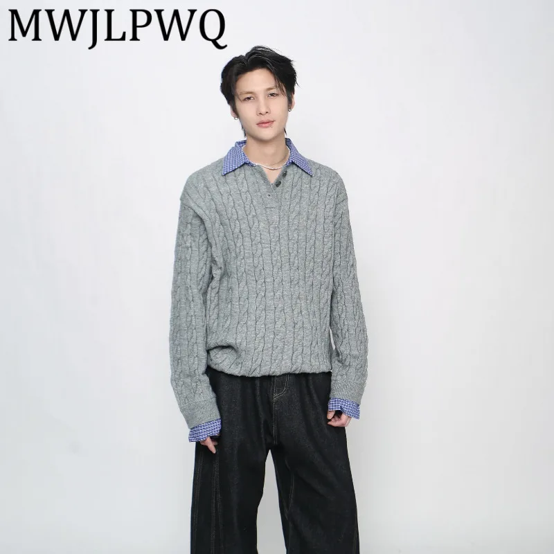 

MWJLPWQ Ameican Style Fake Two-Piece Patchwok Plaid Sweater Knit Tun-Down Collar Men's High-End Loose Pullove Winter Tops 21759