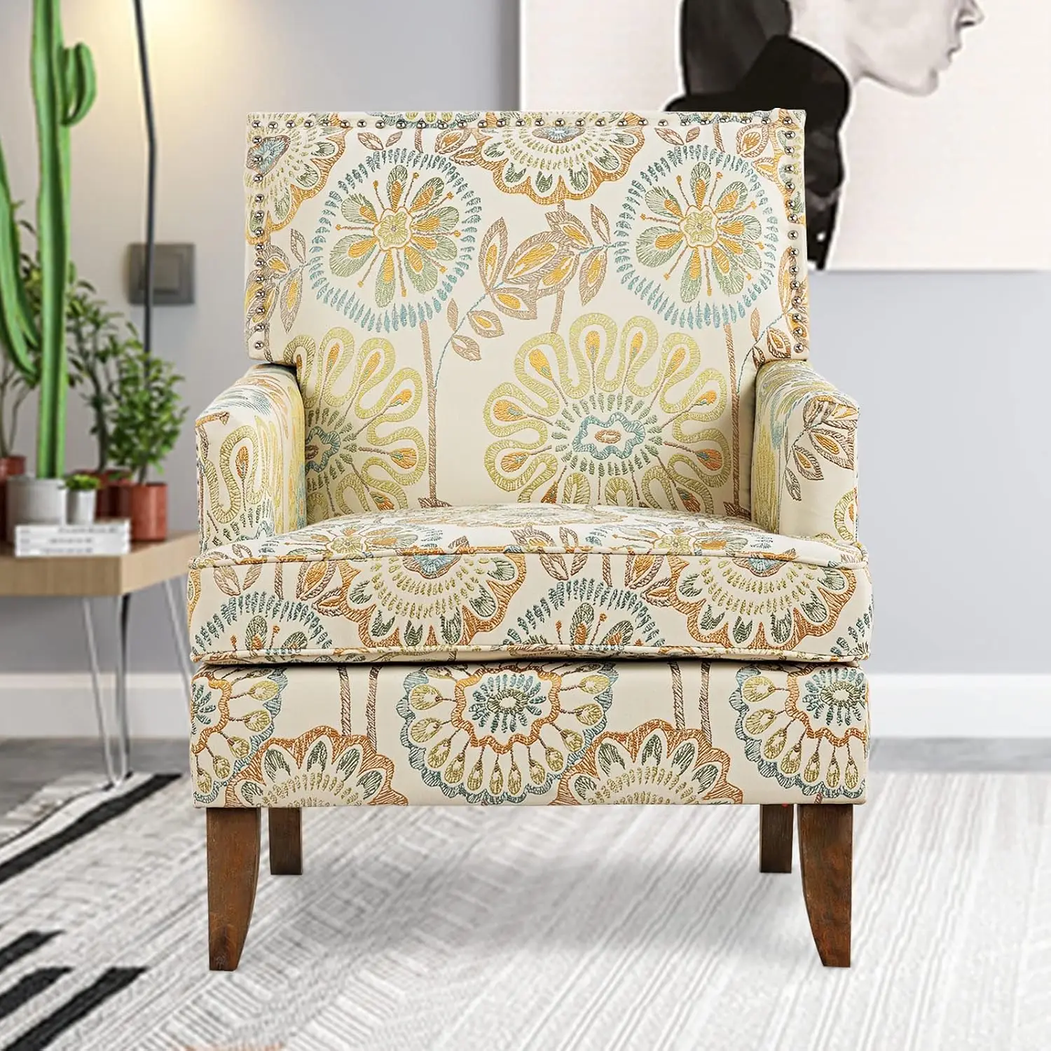 Floral Wingback Accent Chair Upholstered Club Armchair Reading Living Room Bedroom Beige Yellow, Customized