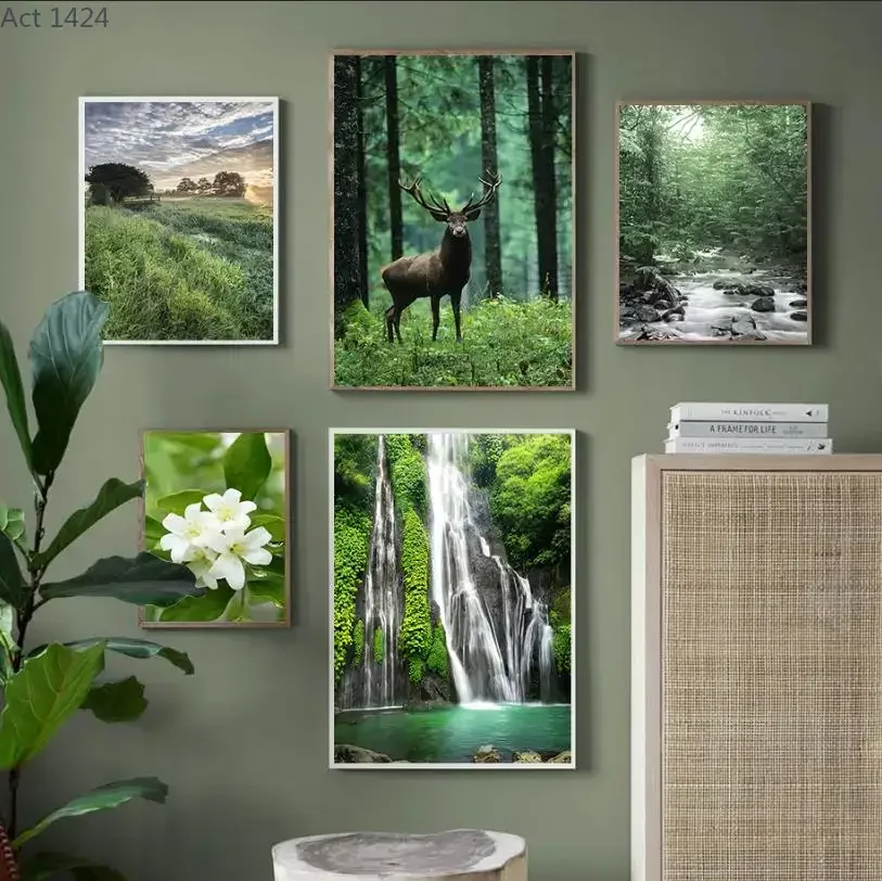 Green Forest Canvas Poster Wild Deer Waterfall Stream Flower Leaf Spring Bedroom Print Painting Nature Landscape Picture Art
