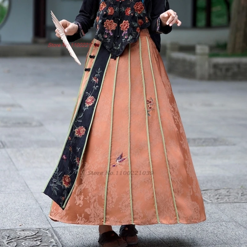 

2026 chinese vintage skirt national flower embroidery satin jacquard skirt traditional elastic waist a-line horse-face skirt