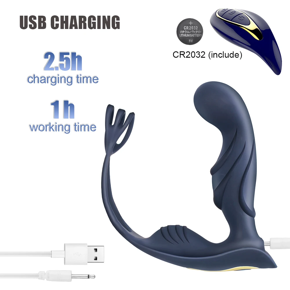 Male Perineum Prostate Massager 11 Modes Vibrator Delayed Ejaculation Wireless Remote Control Cock Ring Butt Plug