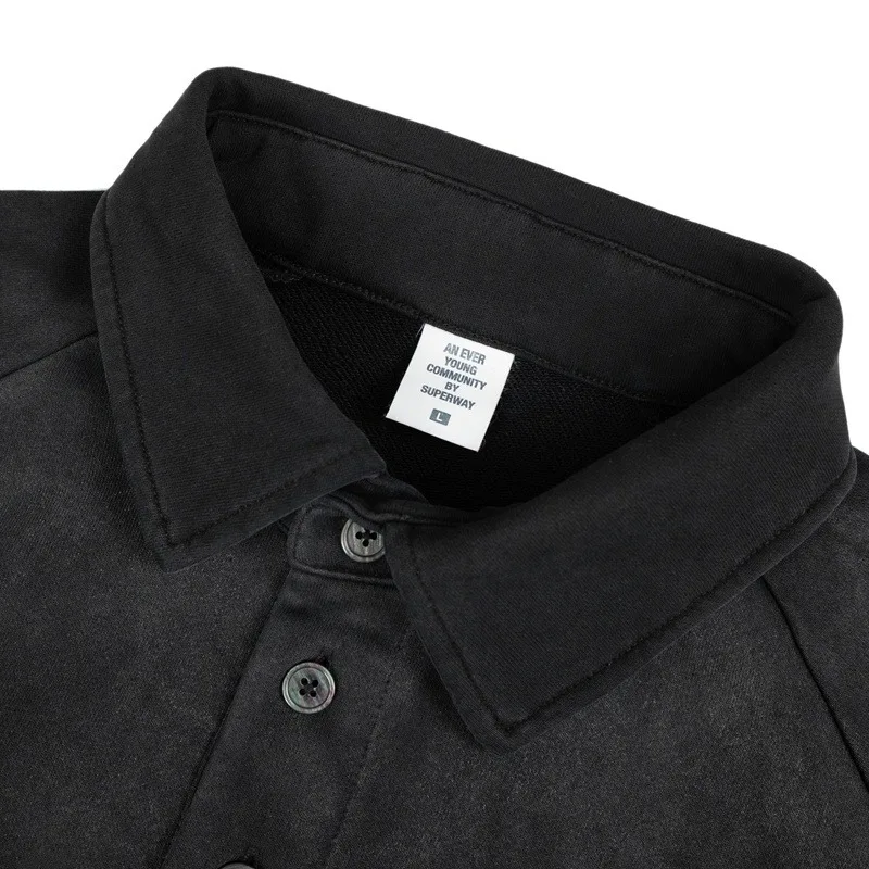 Y2k Autumn Winter New Mens Loose Casual Polo Sweatshirt Retro Washed Black Sporty Top