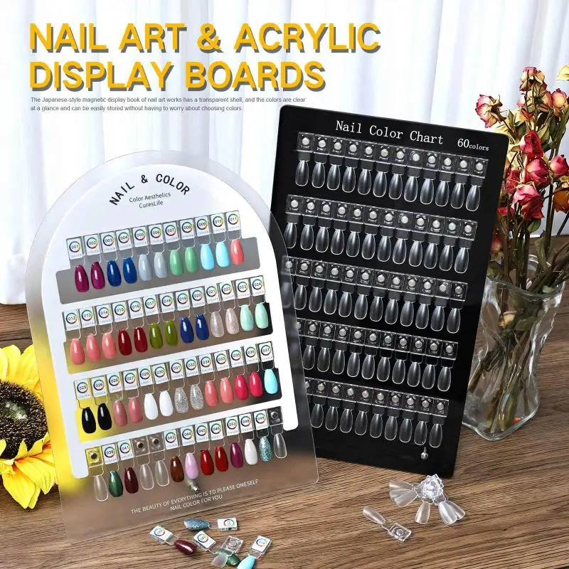 Placa de cor de unha acrílica premium, ímã de pontas de unhas, placa de exibição, cartão de cor de comparação com adesivos de número para salão de beleza