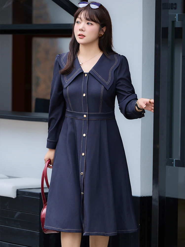 Autumn and Winter Plus-Size Women's Casual Dress Loose Comfortable Navy Blue Commuting Long Dress 2024 New Women's Clothing Big