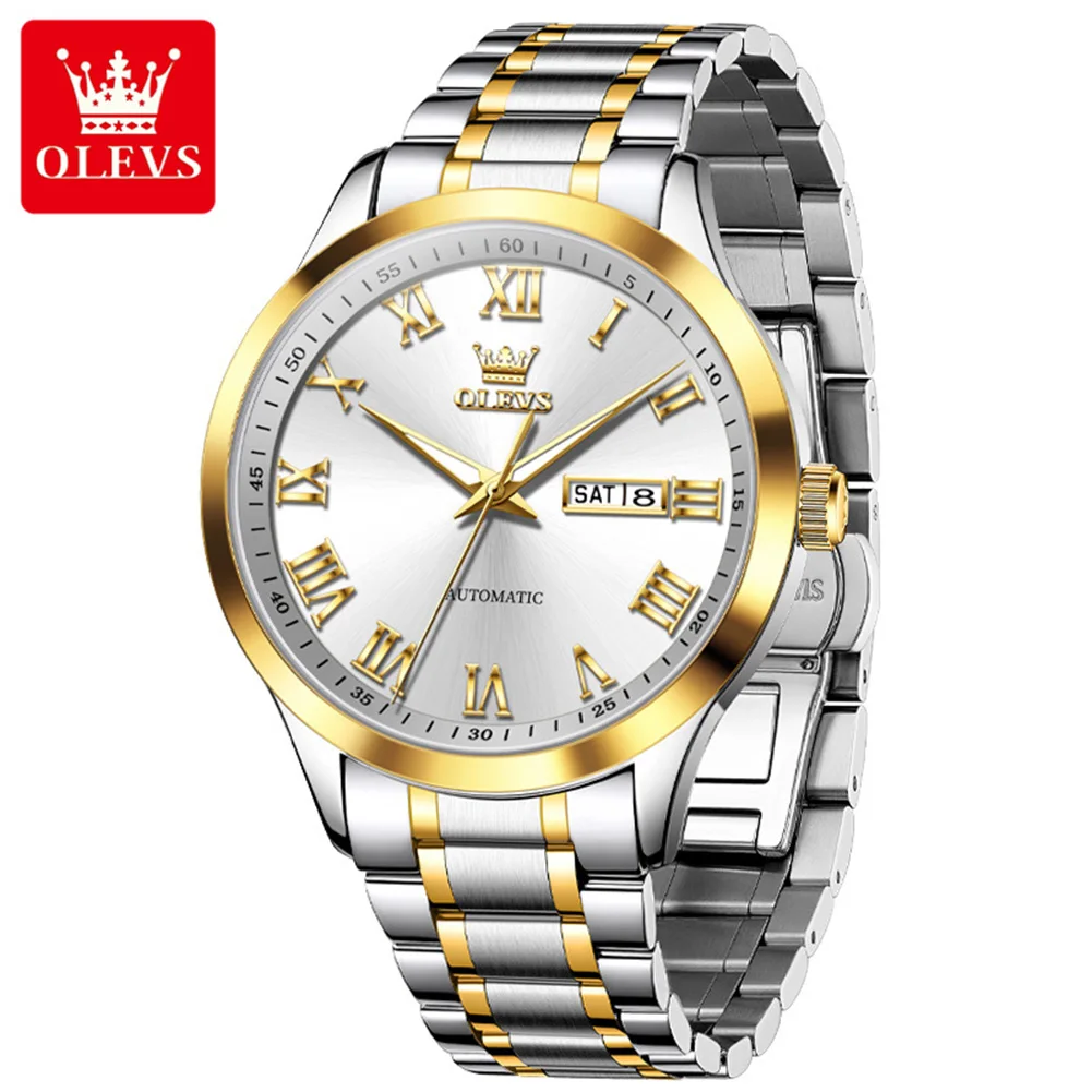 OLEVS นาฬิกาข้อมือผู้ชายแบรนด์ชั้นนำธุรกิจคลาสสิกแบบไขลานอัตโนมัตินาฬิกาข้อมือกลไกอัตโนมัติกันน้ำเรืองแสงวันที่