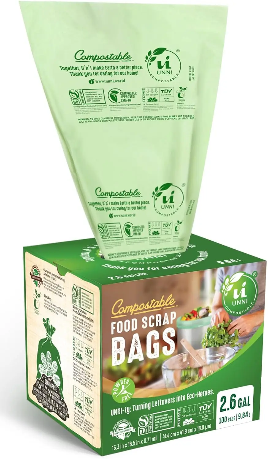 Bolsas de Basura Compostables, 2.6 Galones, 100 Unidades, Extra Gruesas para Restos de Cocina, Certificadas como Compostables