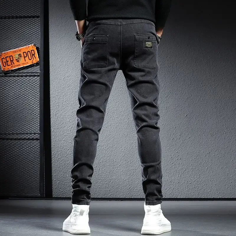 Autumn Winter High-end Fleece Plush Wool Streetwear Men\'s Clothing Casual Pants Men Elastic Waist and Full Length Joggers Jeans