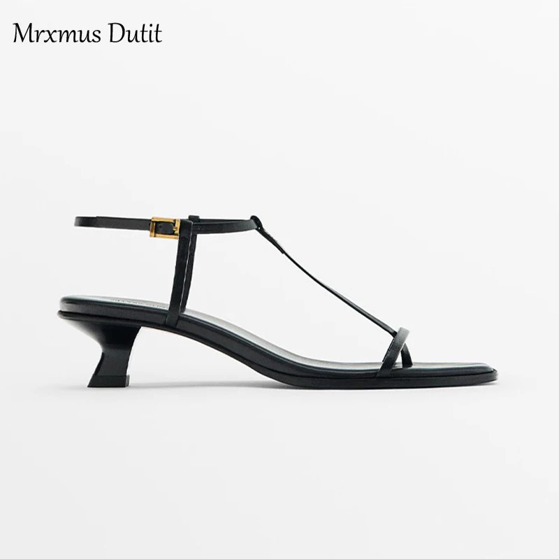 Mrxmus Dutit2023 New Spring Summer Women Genuine Leather T-strap Sandals Mid Heel Sandals Solid Casual Elegant Shoes Female Chic