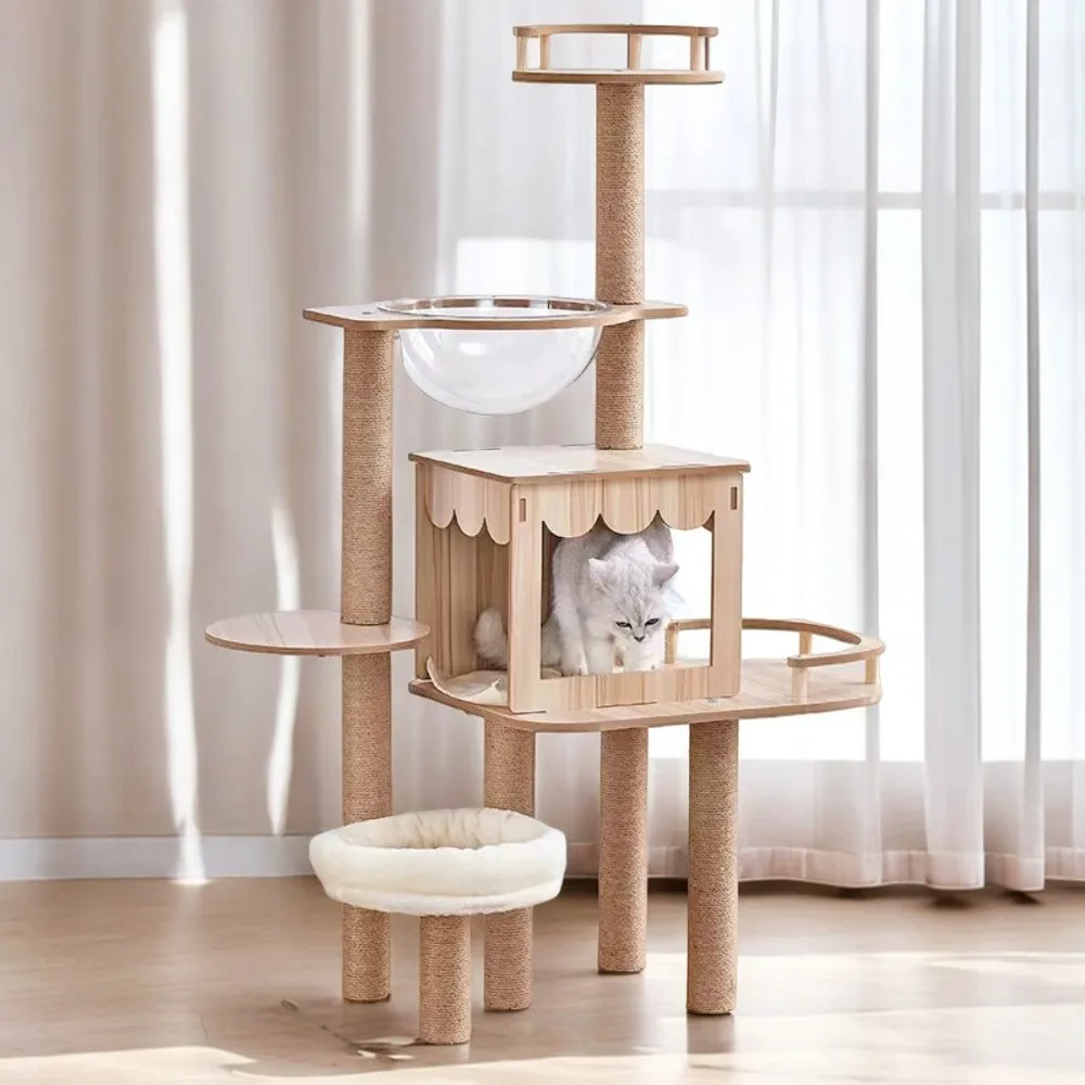 Multi-layer Cat Climbing Frame Scratching Posts Large Cat Tree Tower Space Capsule Cat Toys Cat Tree House Wooden Cat Furniture