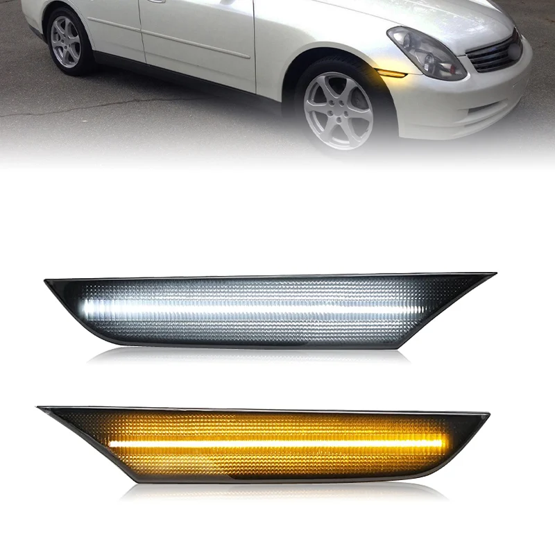 

For Infiniti G35 Nissan Skyline V35 Sedan Clear & Smoked Lens LED Side Marker Lamp Amber Turn Signal With White DRL Lights