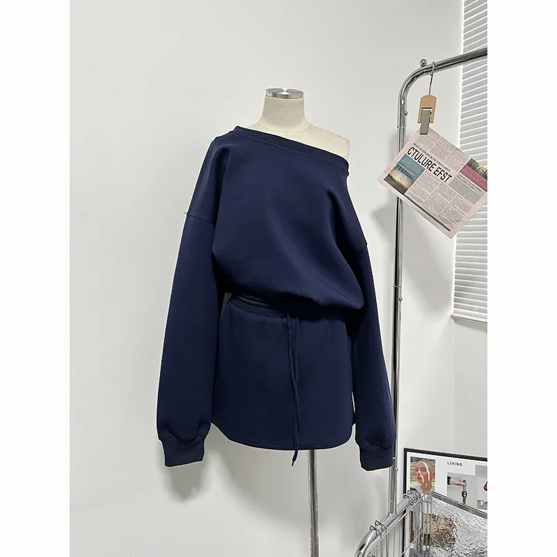 Ouyang 8/7 20:00 City Walk Lazy Tiancai American Style Off-Shoulder Sweatshirt Half Skirt