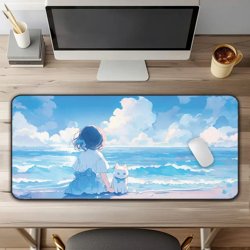 

Kawaii Cat with Ocean Большой коврик для мыши Blue Ocean Настольный коврик Симпатичный игровой стол Декор Kawaii Коврик для мыши Настольный коврик Аксессуары для рабочего стола