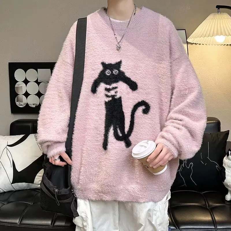 2024 Spring Mens Knitted Sweater American Street Fashion Cat Pattern Round Neck Knitwear Oversized High Street Hip Hop Pullovers