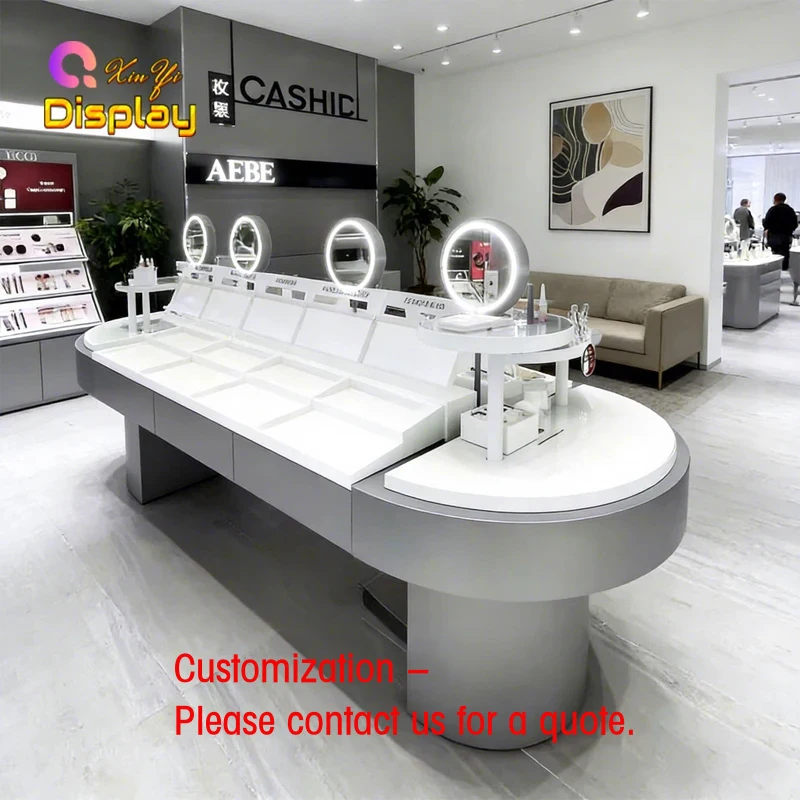 

custom.Custom Modern Luxury Stainless Steel LED Lighting Recyclable Makeup Display Showcase | OEM ODM Beauty